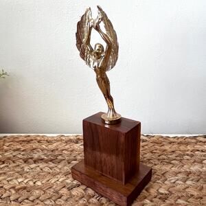 Vintage Gold Metal Winged Goddess Trophy Blank Wooden Base Victory Woman Wreath